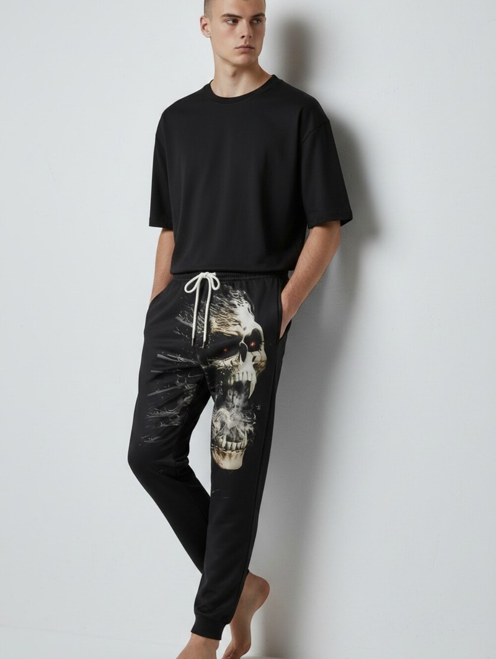 Unisex Sweat Pants With Smoking Vampire Skull And Glowing Red Eyes XL